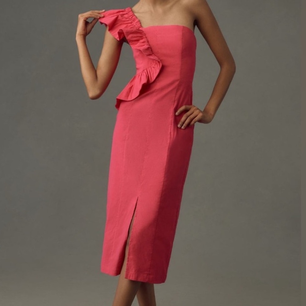 Anthropologie One-Shoulder Ruffle Linen Column Midi Dress